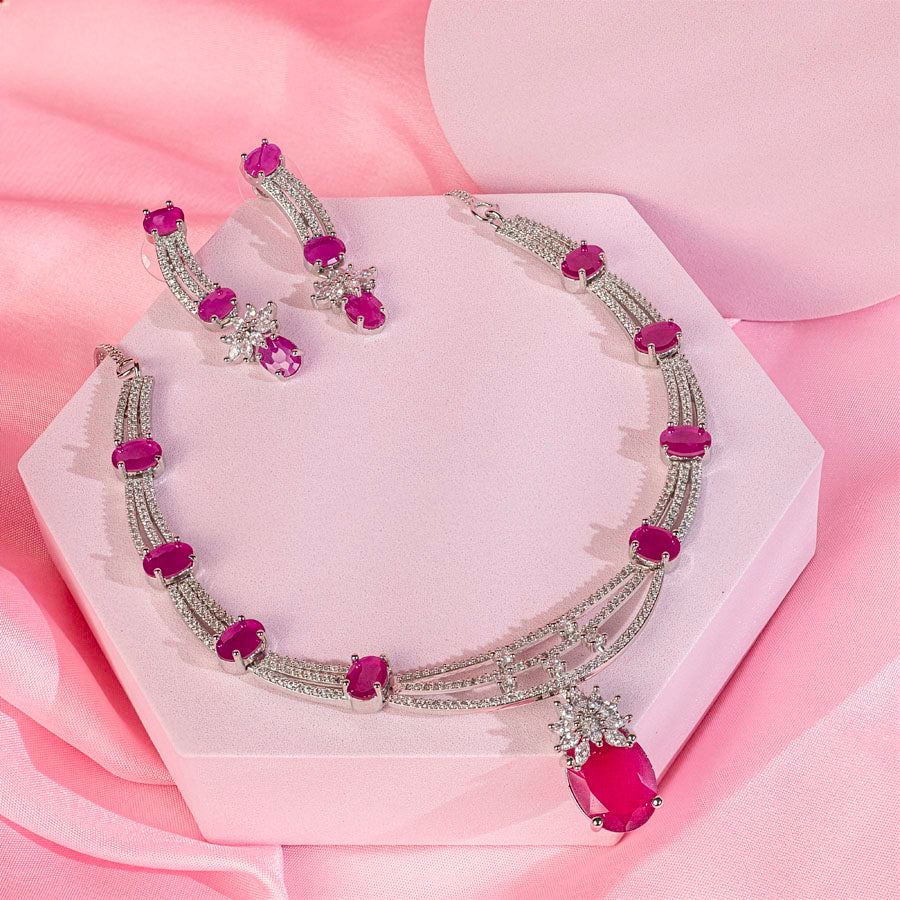 Deep Pink Silver Polish Lightweight American Diamond Necklace Set for Women for Occasion and Party Wear (MC-NS-020-PK-SL-1)