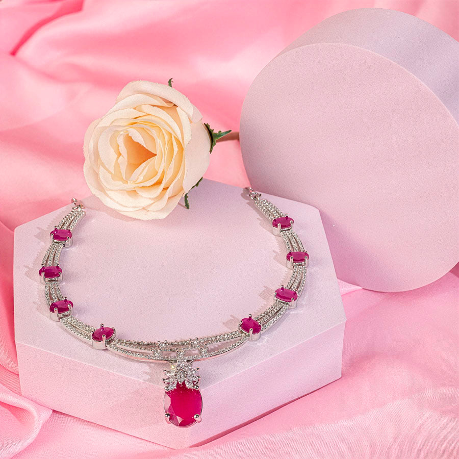 Deep Pink Silver Polish Lightweight American Diamond Necklace Set for Women for Occasion and Party Wear (MC-NS-020-PK-SL-1)