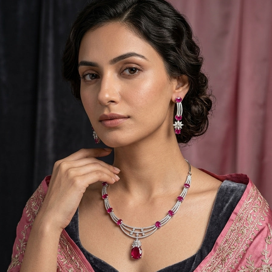 Deep Pink Silver Polish Lightweight American Diamond Necklace Set for Women for Occasion and Party Wear (MC-NS-020-PK-SL-1)