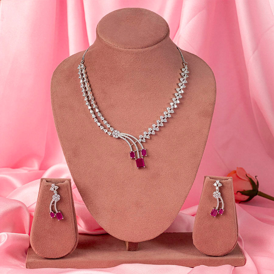 Deep Pink Silver Polish Short Lightweight American Diamond Necklace Set for Women for Occasion and Party Wear (MC-NS-022-PK-SL-1)