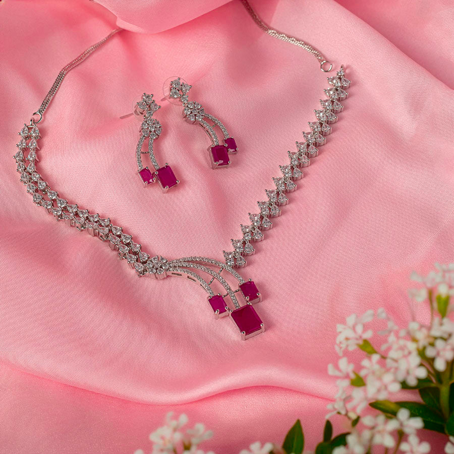 Deep Pink Silver Polish Short Lightweight American Diamond Necklace Set for Women for Occasion and Party Wear (MC-NS-022-PK-SL-1)