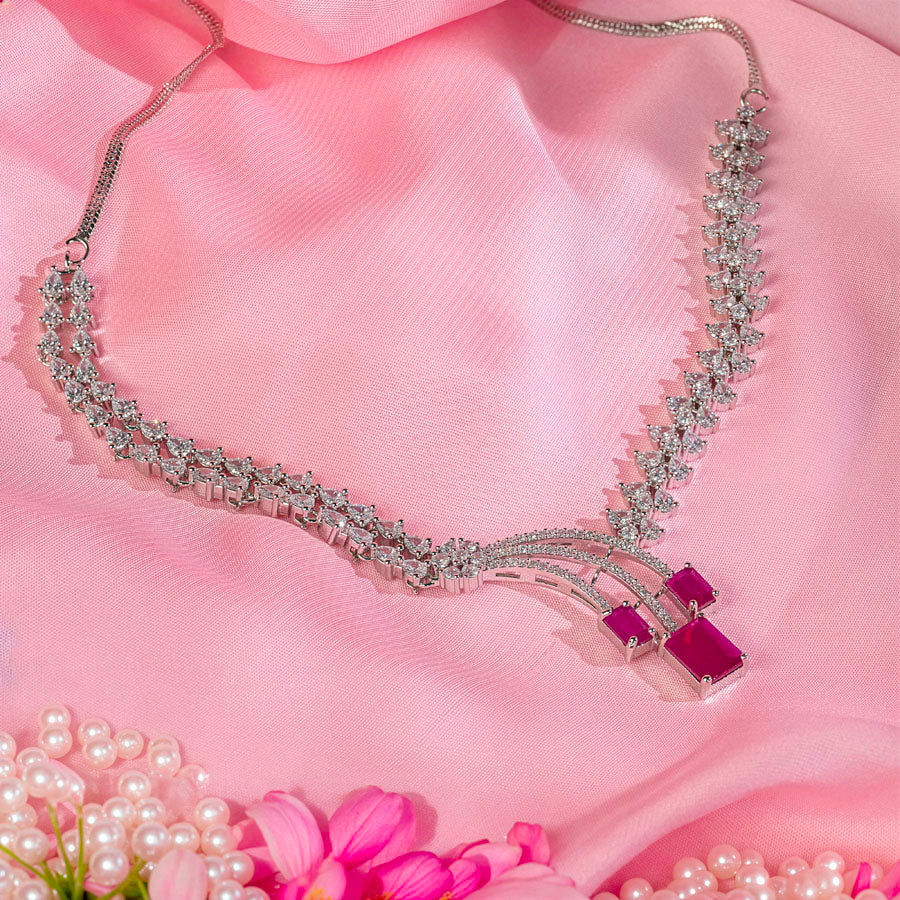 Deep Pink Silver Polish Short Lightweight American Diamond Necklace Set for Women for Occasion and Party Wear (MC-NS-022-PK-SL-1)