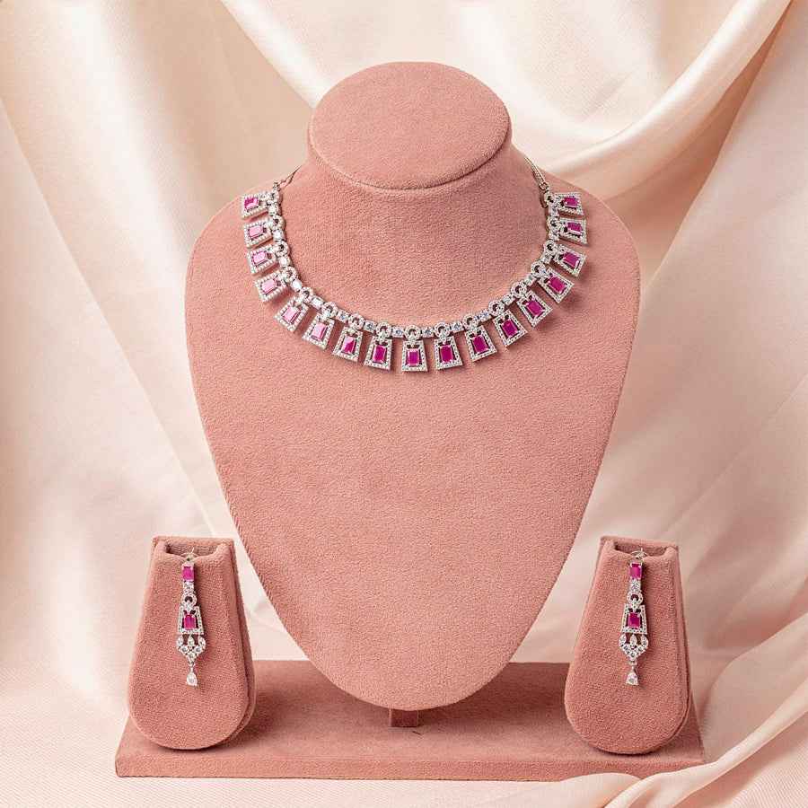Deep Pink Silver Polish Short Lightweight American Diamond Necklace Set for Women for Occasion and Party Wear (MC-NS-002-PK-SL)