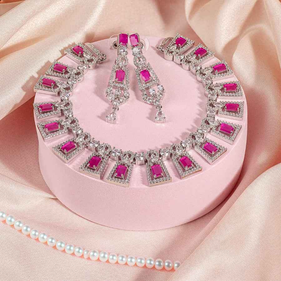 Deep Pink Silver Polish Short Lightweight American Diamond Necklace Set for Women for Occasion and Party Wear (MC-NS-002-PK-SL)