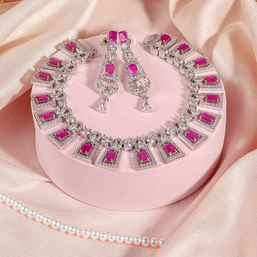 Deep Pink Silver Polish Short Lightweight American Diamond Necklace Set for Women for Occasion and Party Wear (MC-NS-002-PK-SL)