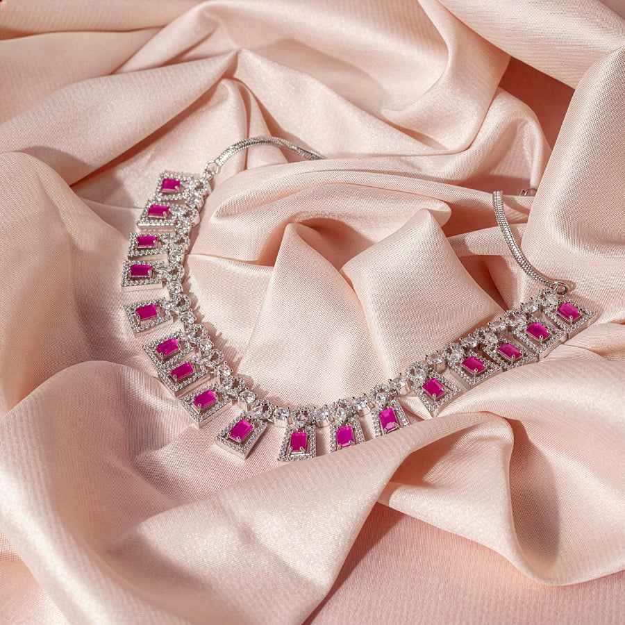 Deep Pink Silver Polish Short Lightweight American Diamond Necklace Set for Women for Occasion and Party Wear (MC-NS-002-PK-SL)