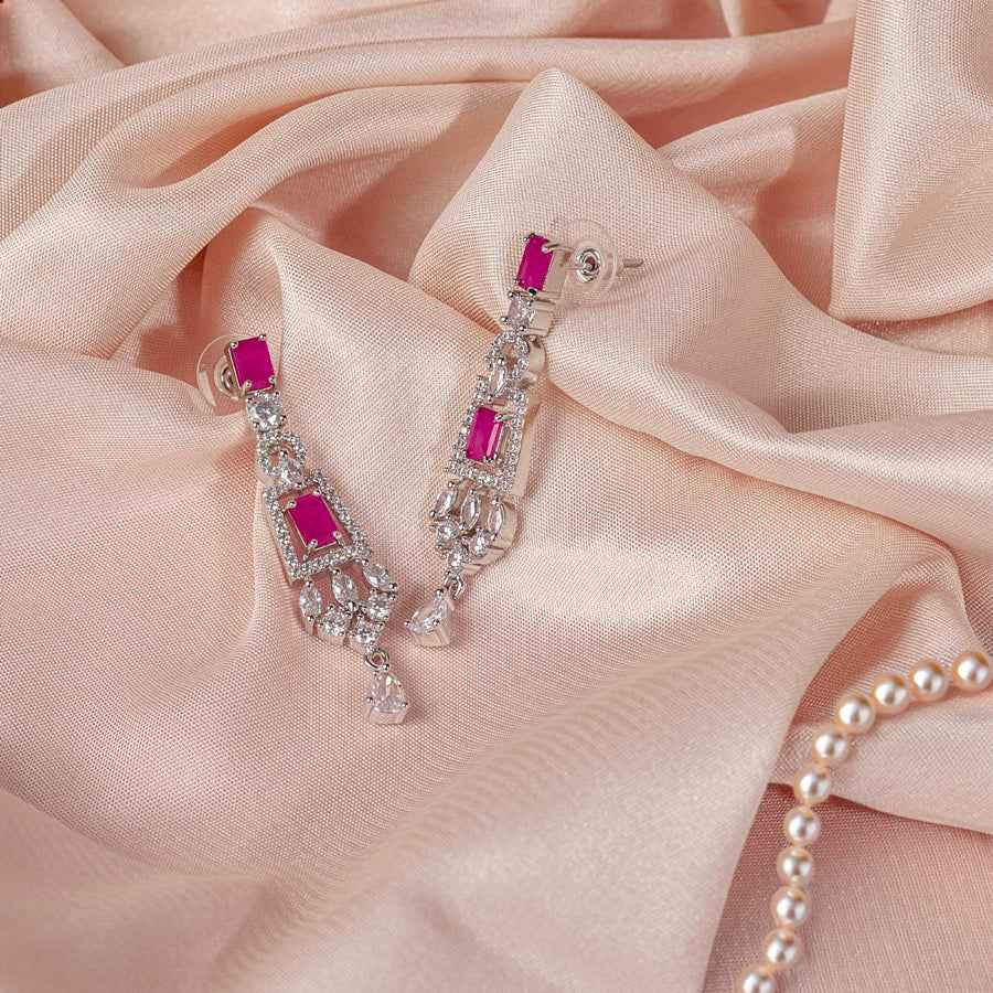 Deep Pink Silver Polish Short Lightweight American Diamond Necklace Set for Women for Occasion and Party Wear (MC-NS-002-PK-SL)