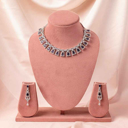 Deep Purple Silver Polish Short Lightweight American Diamond Necklace Set for Women for Occasion and Party Wear (MC-NS-002-AM-SL)