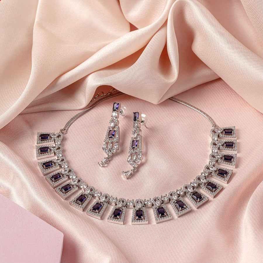 Deep Purple Silver Polish Short Lightweight American Diamond Necklace Set for Women for Occasion and Party Wear (MC-NS-002-AM-SL)