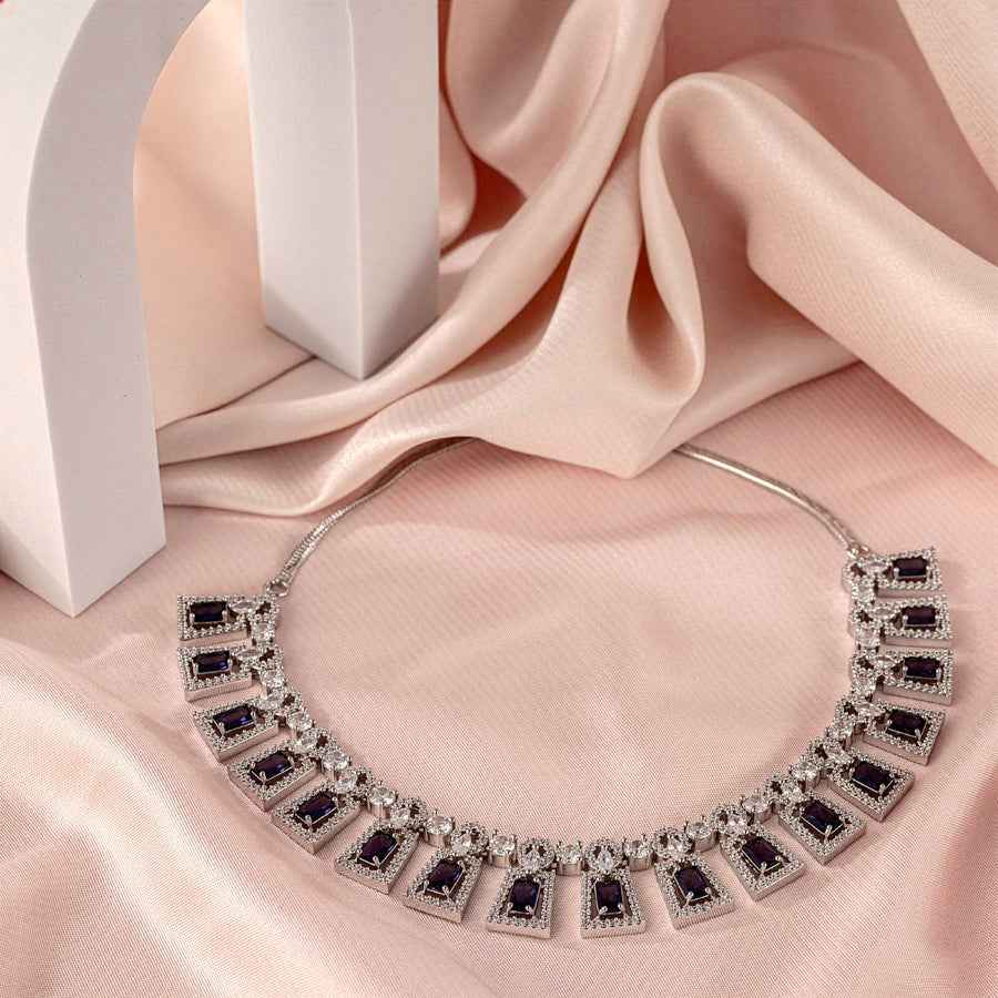 Deep Purple Silver Polish Short Lightweight American Diamond Necklace Set for Women for Occasion and Party Wear (MC-NS-002-AM-SL)