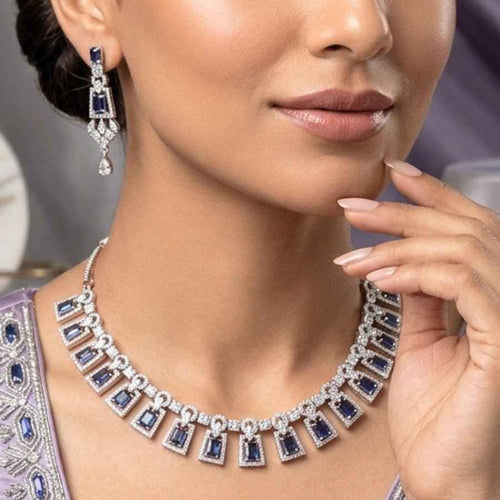 Deep Purple Silver Polish Short Lightweight American Diamond Necklace Set for Women for Occasion and Party Wear (MC-NS-002-AM-SL)