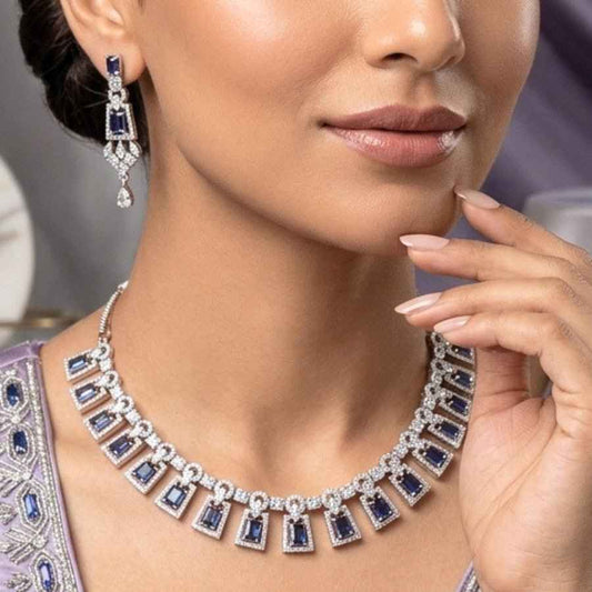 Deep Purple Silver Polish Short Lightweight American Diamond Necklace Set for Women for Occasion and Party Wear (MC-NS-002-AM-SL)
