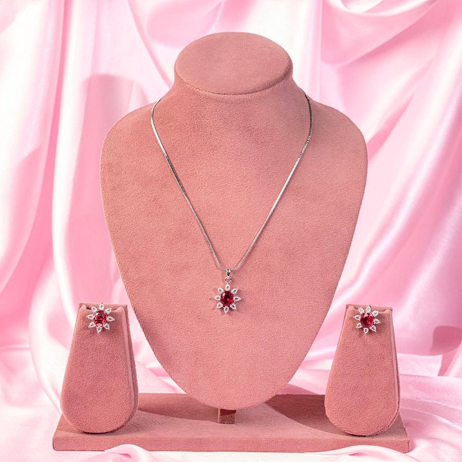 Deep Red Pendant Set Lightweight American Diamond for Women for Occasion and Party Wear (MI-PEN-003-RD-SL) - The Indian Mudra