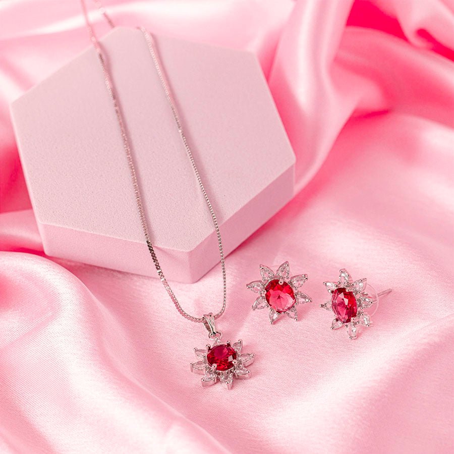 Deep Red Pendant Set Lightweight American Diamond for Women for Occasion and Party Wear (MI-PEN-003-RD-SL) - The Indian Mudra