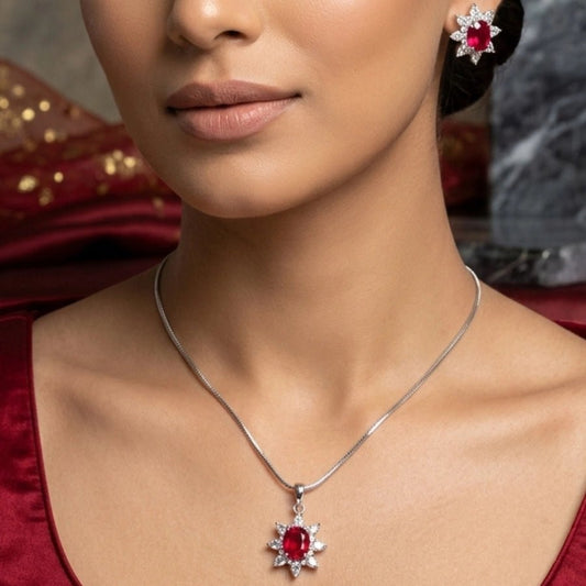 Deep Red Pendant Set Of American Diamond - The Indian Mudra