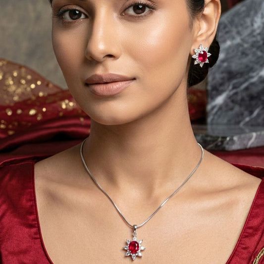 Deep Red Pendant Set Lightweight American Diamond for Women for Occasion and Party Wear (MI-PEN-003-RD-SL)