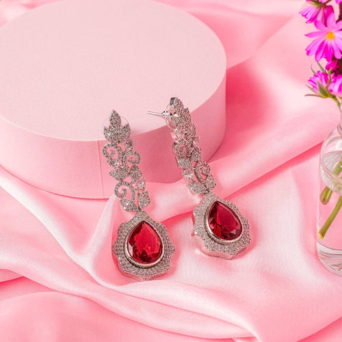 Deep Red Silver Polish Short Necklace Set for Women for Occasion and Party Wear Lightweight American Diamond (MC-NS-018-RED-SL-4) - The Indian Mudra
