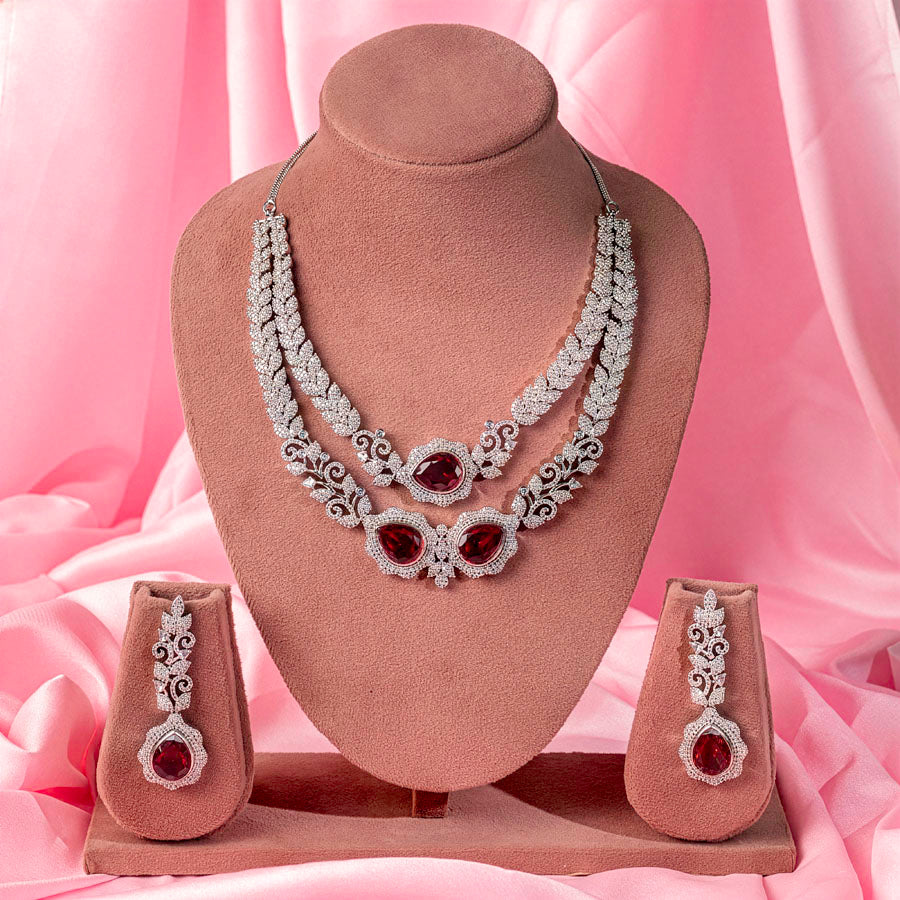 Deep Red Silver Polish Short Necklace Set for Women for Occasion and Party Wear Lightweight American Diamond (MC-NS-018-RED-SL-4)