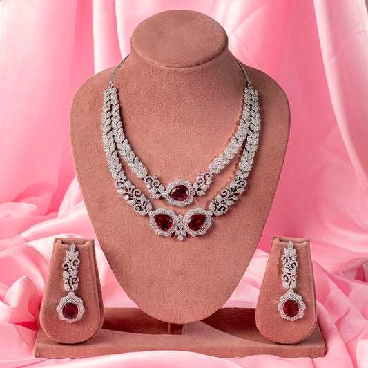 Deep Red Silver Polish Short Necklace Set for Women for Occasion and Party Wear Lightweight American Diamond (MC-NS-018-RED-SL-4)