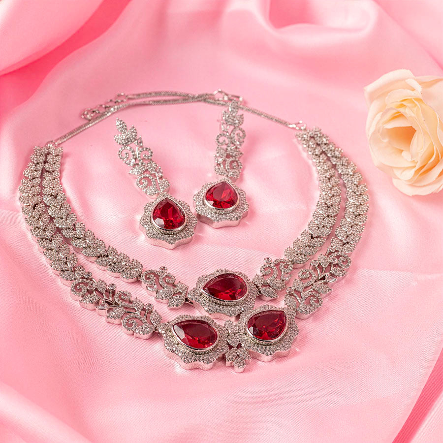 Deep Red Silver Polish Short Necklace Set for Women for Occasion and Party Wear Lightweight American Diamond (MC-NS-018-RED-SL-4)