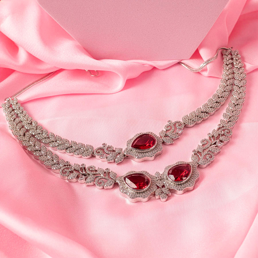 Deep Red Silver Polish Short Necklace Set for Women for Occasion and Party Wear Lightweight American Diamond (MC-NS-018-RED-SL-4)