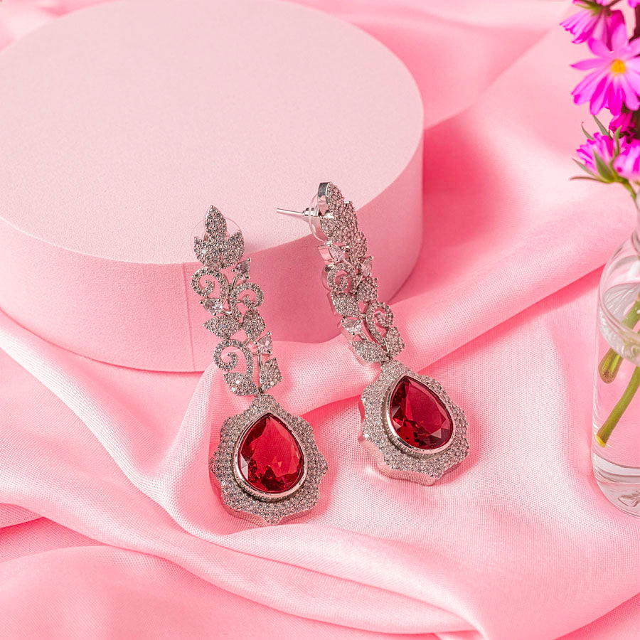 Deep Red Silver Polish Short Necklace Set for Women for Occasion and Party Wear Lightweight American Diamond (MC-NS-018-RED-SL-4)