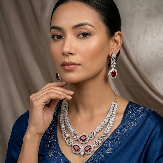 Deep Red Silver Polish Short Necklace Set for Women for Occasion and Party Wear Lightweight American Diamond (MC-NS-018-RED-SL-4)