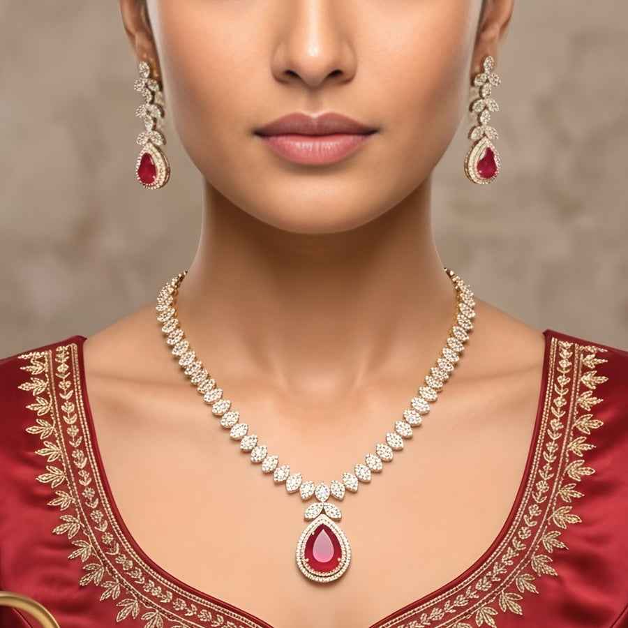 Deep Ruby Gold Polish Short Lightweight American Diamond Necklace Set - The Indian Mudra