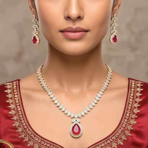 Deep Ruby Gold Polish Short Lightweight American Diamond Necklace Set - The Indian Mudra