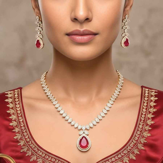 Deep Ruby Gold Polish Short Lightweight American Diamond Necklace Set - The Indian Mudra