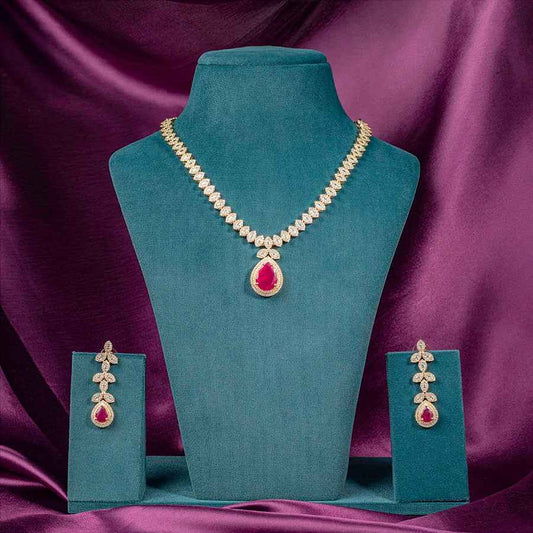 Deep Ruby Gold Polish Short Lightweight American Diamond Necklace Set for Women for Occasion and Party Wear (MC-NS-003-RB-GD)