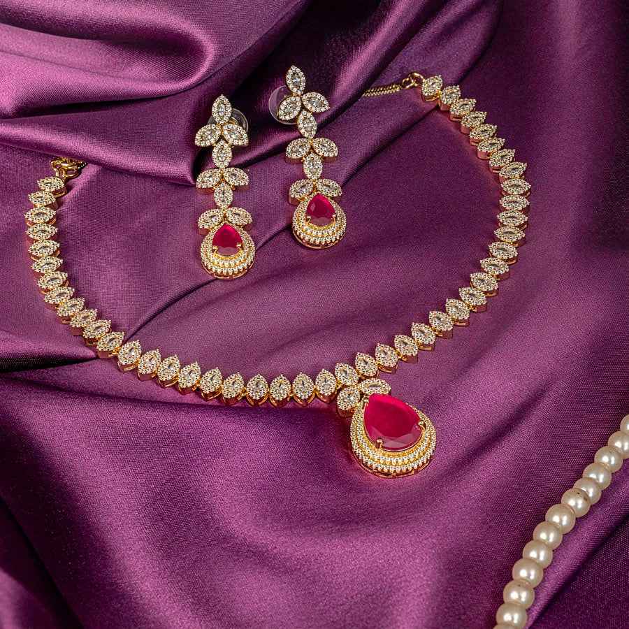 Deep Ruby Gold Polish Short Lightweight American Diamond Necklace Set for Women for Occasion and Party Wear (MC-NS-003-RB-GD)
