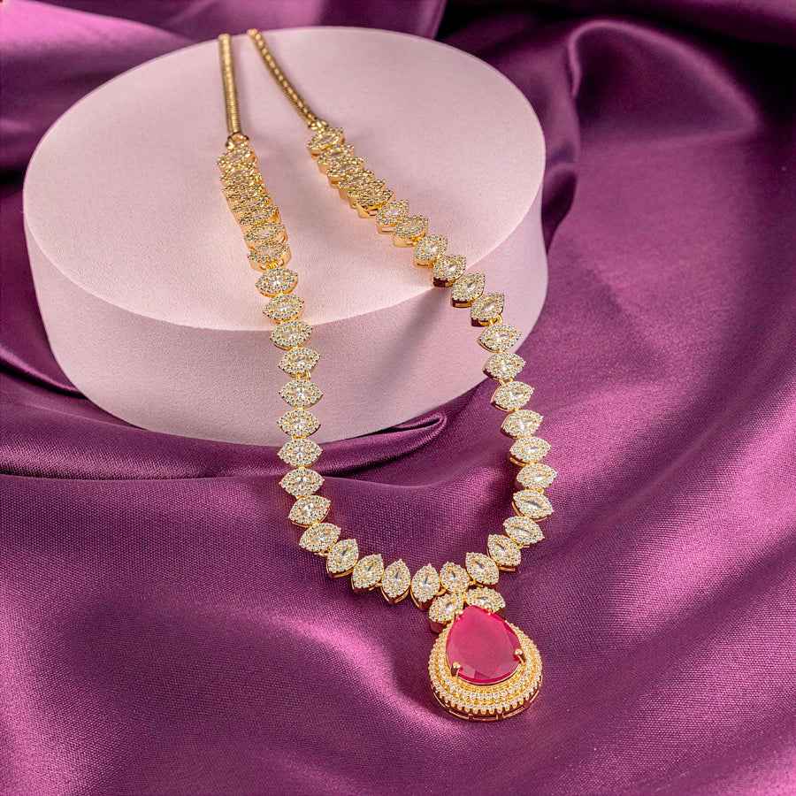 Deep Ruby Gold Polish Short Lightweight American Diamond Necklace Set for Women for Occasion and Party Wear (MC-NS-003-RB-GD)