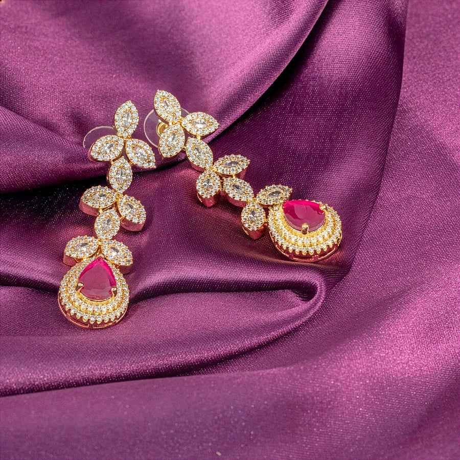 Deep Ruby Gold Polish Short Lightweight American Diamond Necklace Set for Women for Occasion and Party Wear (MC-NS-003-RB-GD)