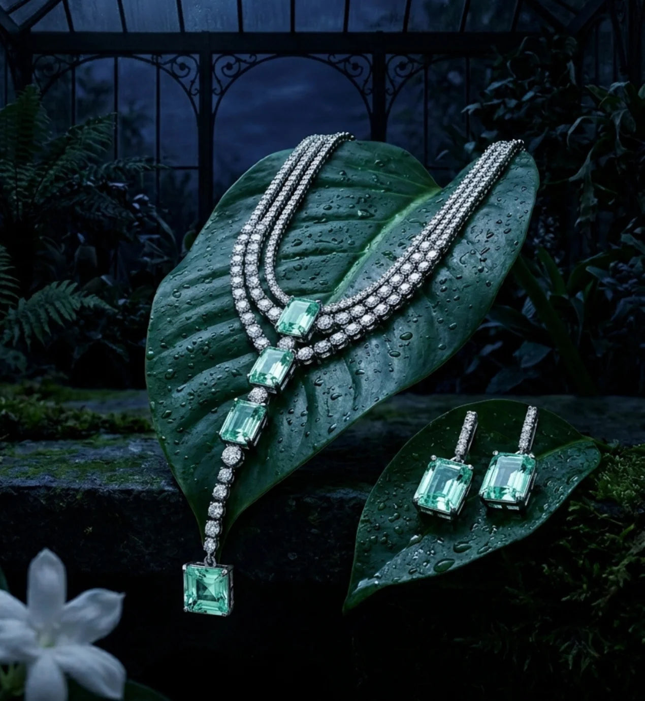 Emerald necklace and earrings on green leaves with a dark background