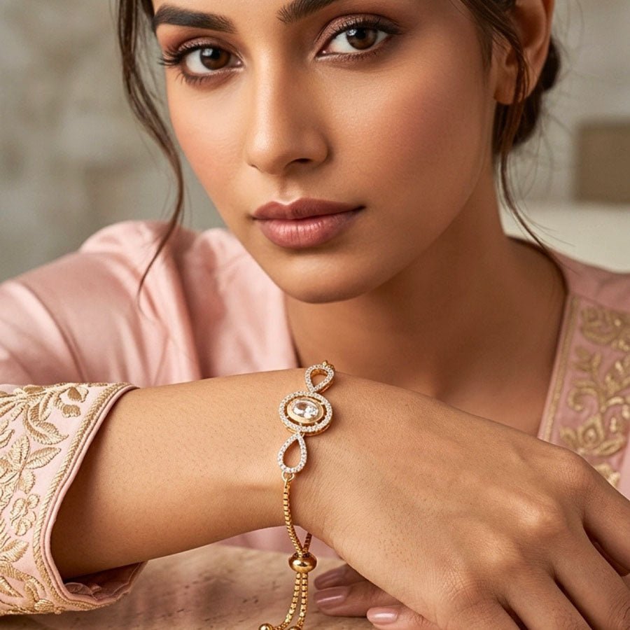 Flexible White Gold Polish American Diamond Bracelet for Women for Occasion and Party Wear (MI - BR - 002 - AD - GD) - The Indian Mudra