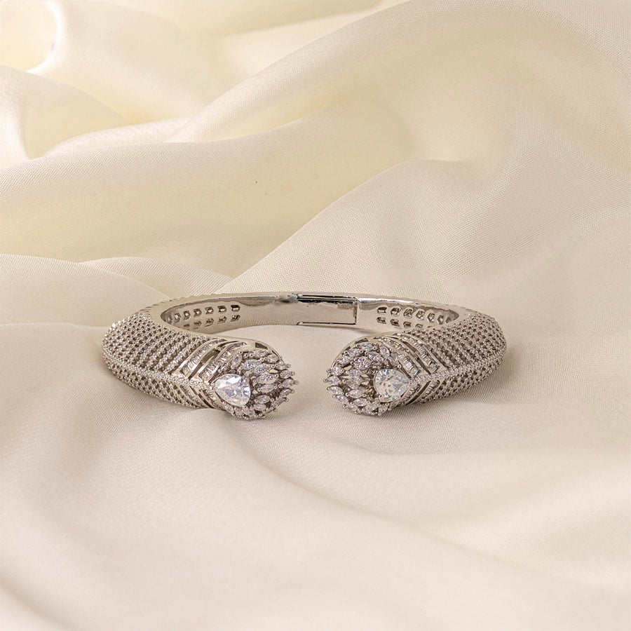 Flexible White Silver Polish Bracelet Or Kada of American Diamond for Women for Occasion and Party Wear (MC-BR-001-AD-SL)