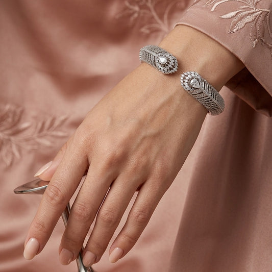 Flexible White Silver Polish Bracelet Or Kada of American Diamond for Women for Occasion and Party Wear (MC-BR-001-AD-SL)