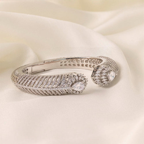 Flexible White Silver Polish Bracelet Or Kada of American Diamond for Women for Occasion and Party Wear (MC-BR-001-AD-SL) - The Indian Mudra