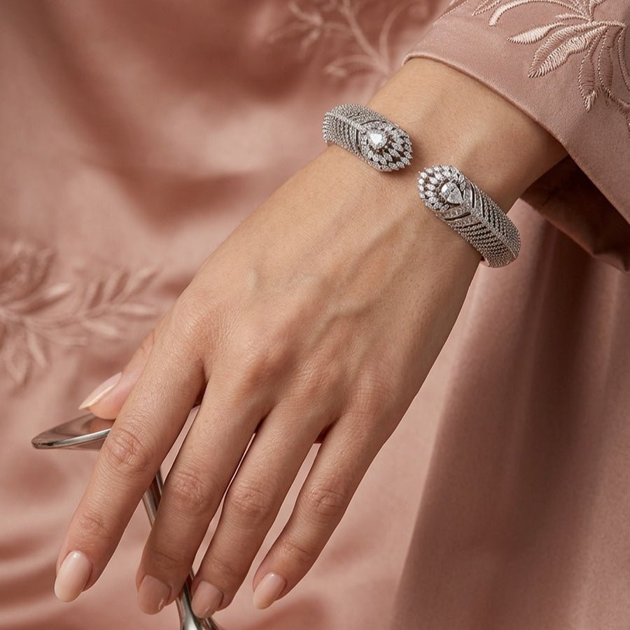 Flexible White Silver Polish Bracelet Or Kada of American Diamond for Women for Occasion and Party Wear (MC-BR-001-AD-SL) - The Indian Mudra