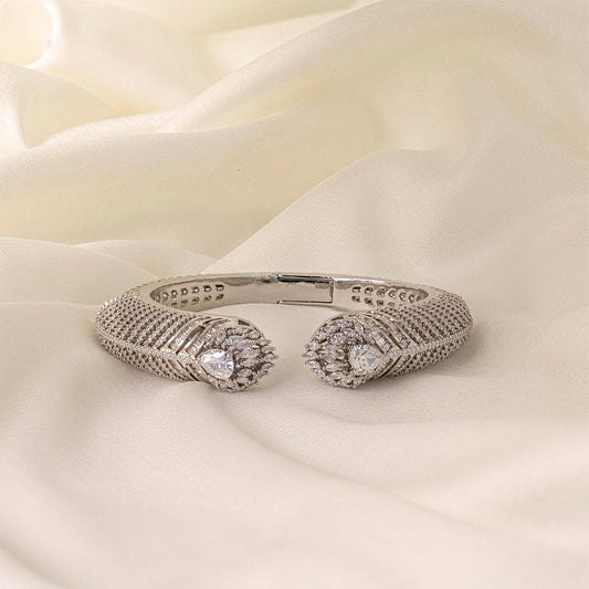 Flexible White Silver Polish Bracelet Or Kada of American Diamond for Women for Occasion and Party Wear (MC-BR-001-AD-SL) - The Indian Mudra