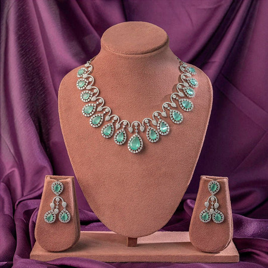 Light Eemerald Green Silver Short Lightweight American Diamond Necklace Set for Women for Occasion and Party Wear (MC - NS - 005 - EM - SL) - The Indian Mudra