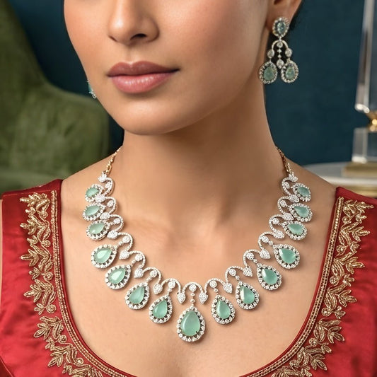 Light Eemerald Green Silver Short Lightweight American Diamond Necklace Set for Women for Occasion and Party Wear (MC - NS - 005 - EM - SL) - The Indian Mudra