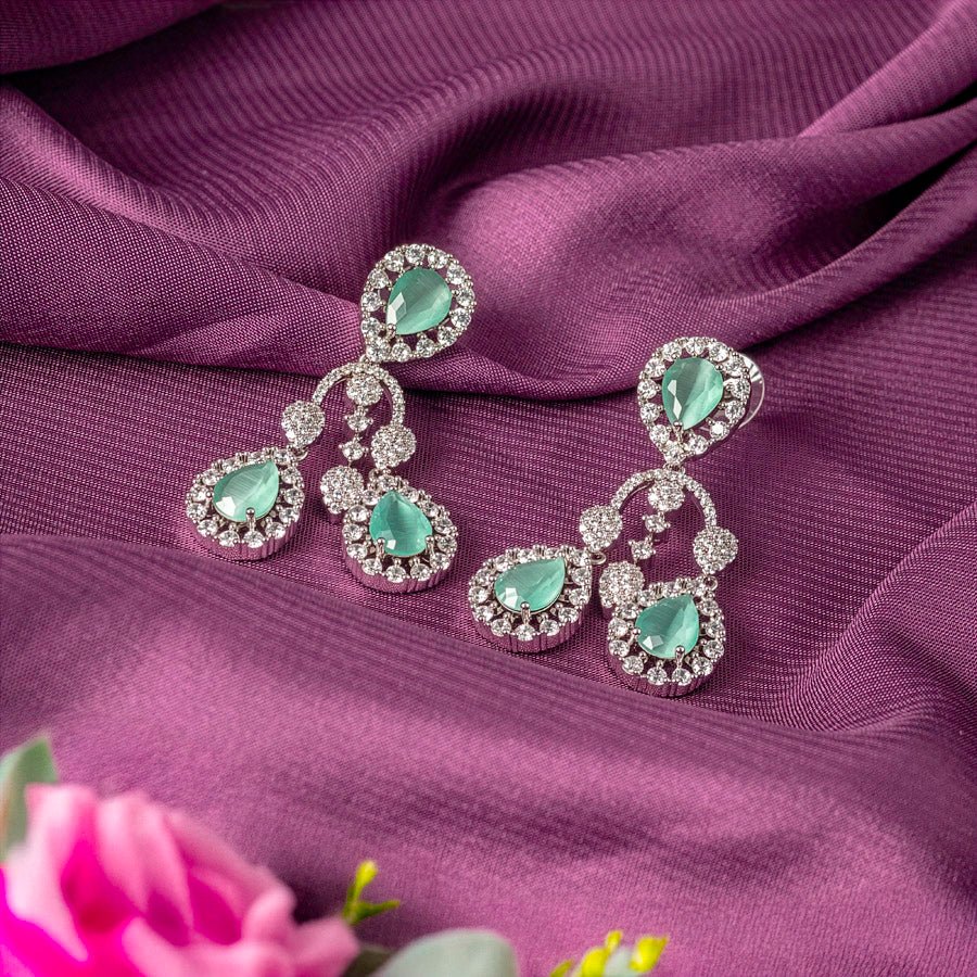 Light Eemerald Green Silver Short Lightweight American Diamond Necklace Set for Women for Occasion and Party Wear (MC - NS - 005 - EM - SL) - The Indian Mudra