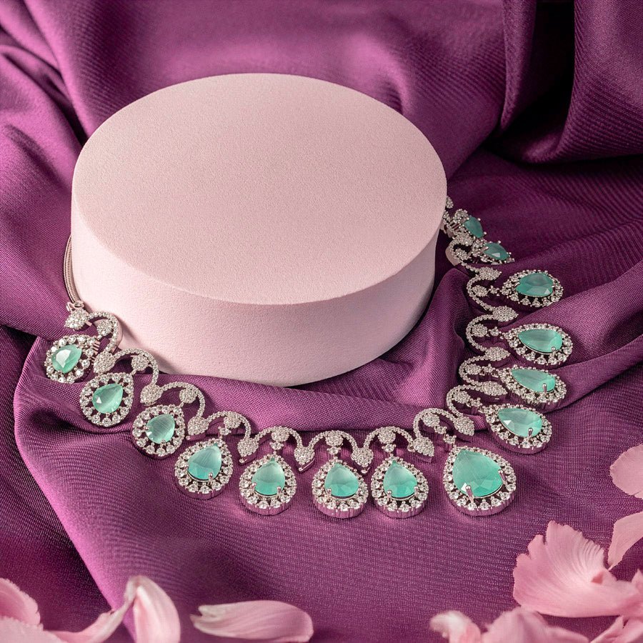 Light Eemerald Green Silver Short Lightweight American Diamond Necklace Set for Women for Occasion and Party Wear (MC - NS - 005 - EM - SL) - The Indian Mudra