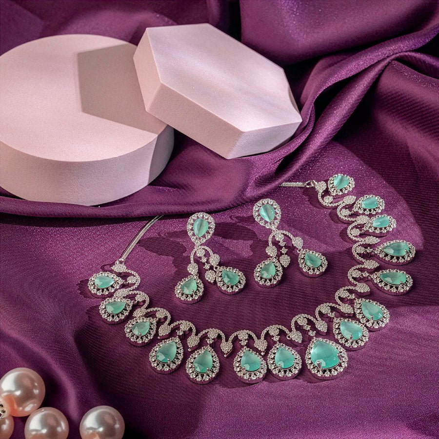Light Eemerald Green Silver Short Lightweight American Diamond Necklace Set for Women for Occasion and Party Wear (MC - NS - 005 - EM - SL) - The Indian Mudra