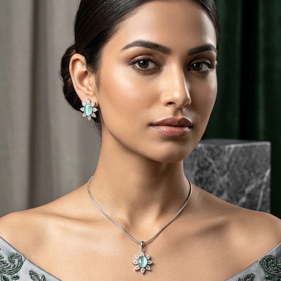 Light Mint Green Pendant Set Lightweight American Diamond for Women for Occasion and Party Wear (MI - PEN - 003 - GRY - SL) - The Indian Mudra
