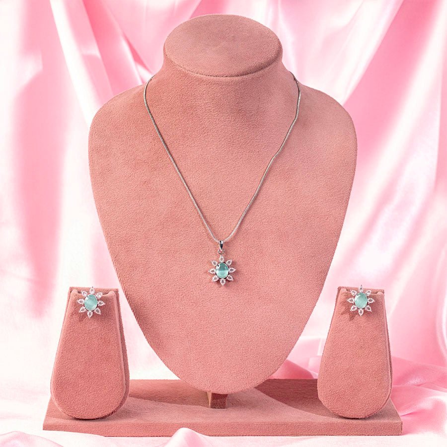Light Mint Green Pendant Set Lightweight American Diamond for Women for Occasion and Party Wear (MI - PEN - 003 - GRY - SL) - The Indian Mudra