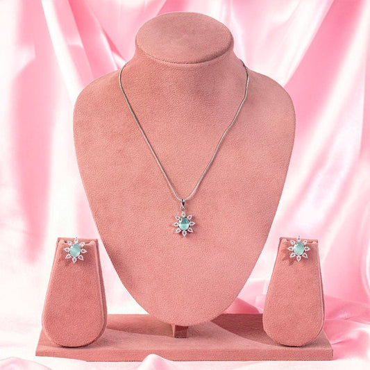 Light Mint Green Pendant Set Lightweight American Diamond for Women for Occasion and Party Wear (MI - PEN - 003 - GRY - SL) - The Indian Mudra