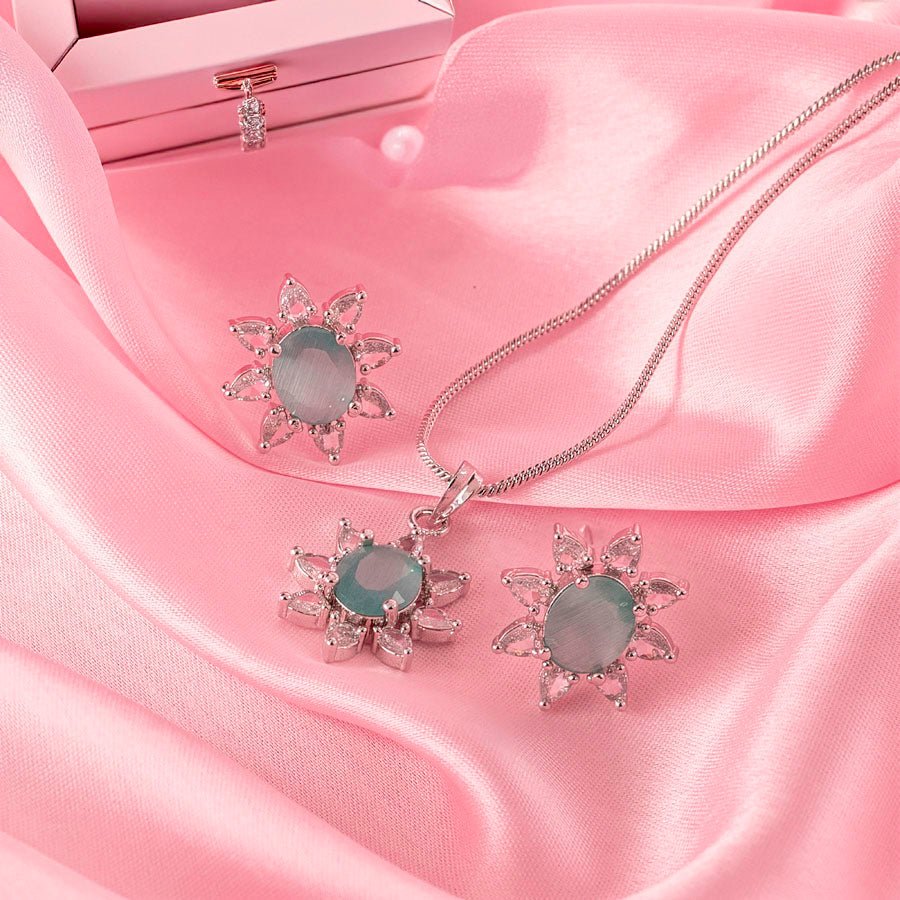 Light Mint Green Pendant Set Lightweight American Diamond for Women for Occasion and Party Wear (MI - PEN - 003 - GRY - SL) - The Indian Mudra